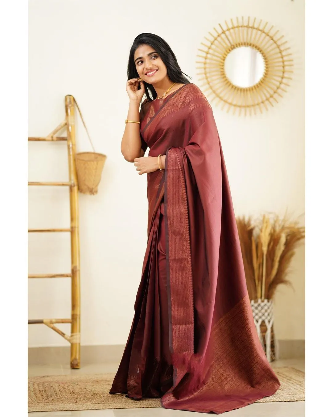 Moiety Wine Soft Silk Saree With Palimpsest Blouse Piece