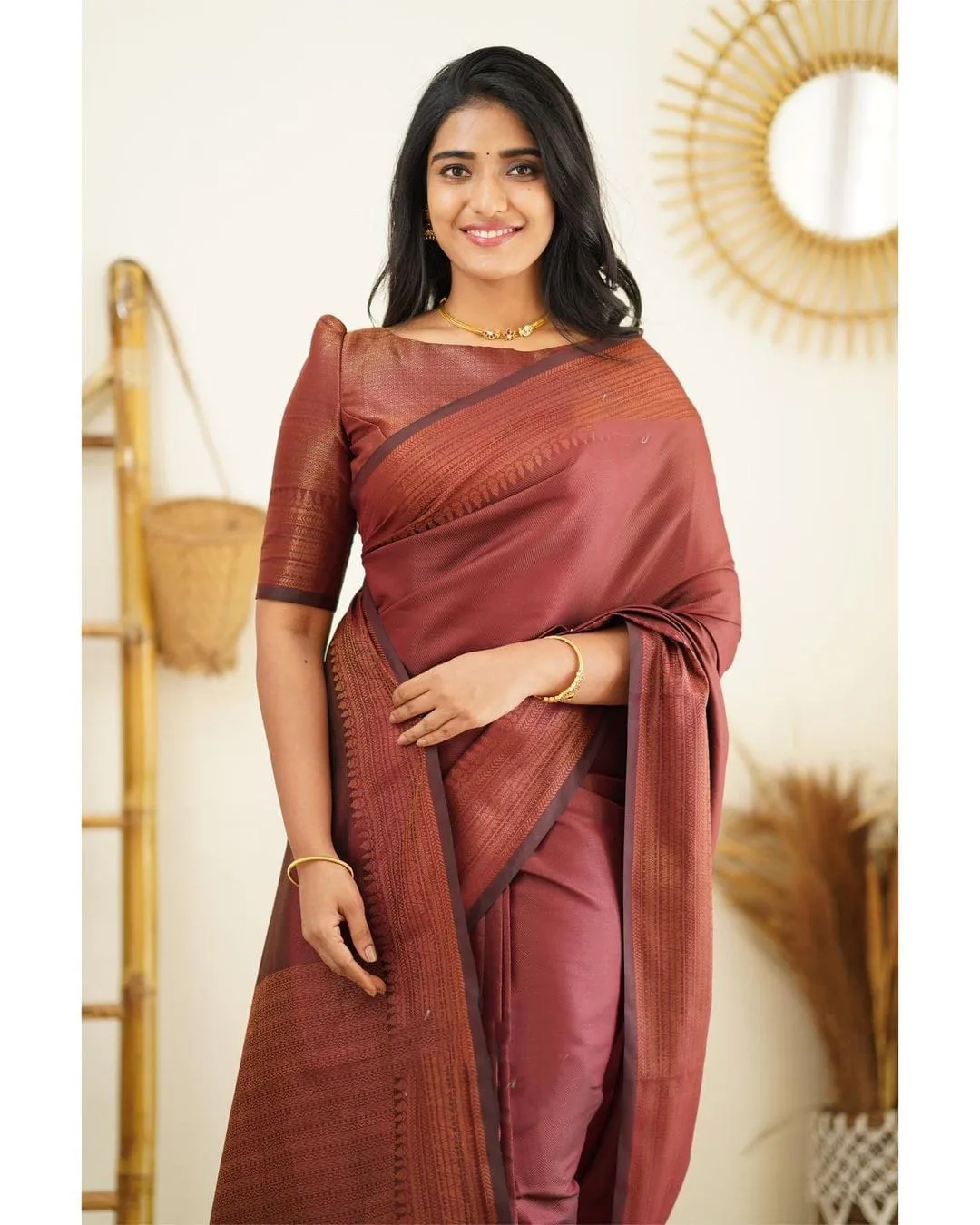 Moiety Wine Soft Silk Saree With Palimpsest Blouse Piece