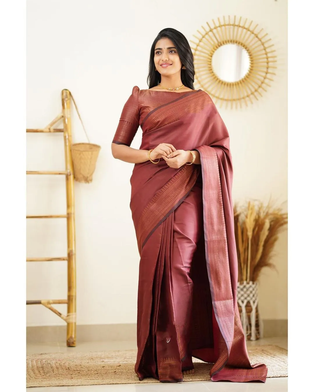 Moiety Wine Soft Silk Saree With Palimpsest Blouse Piece