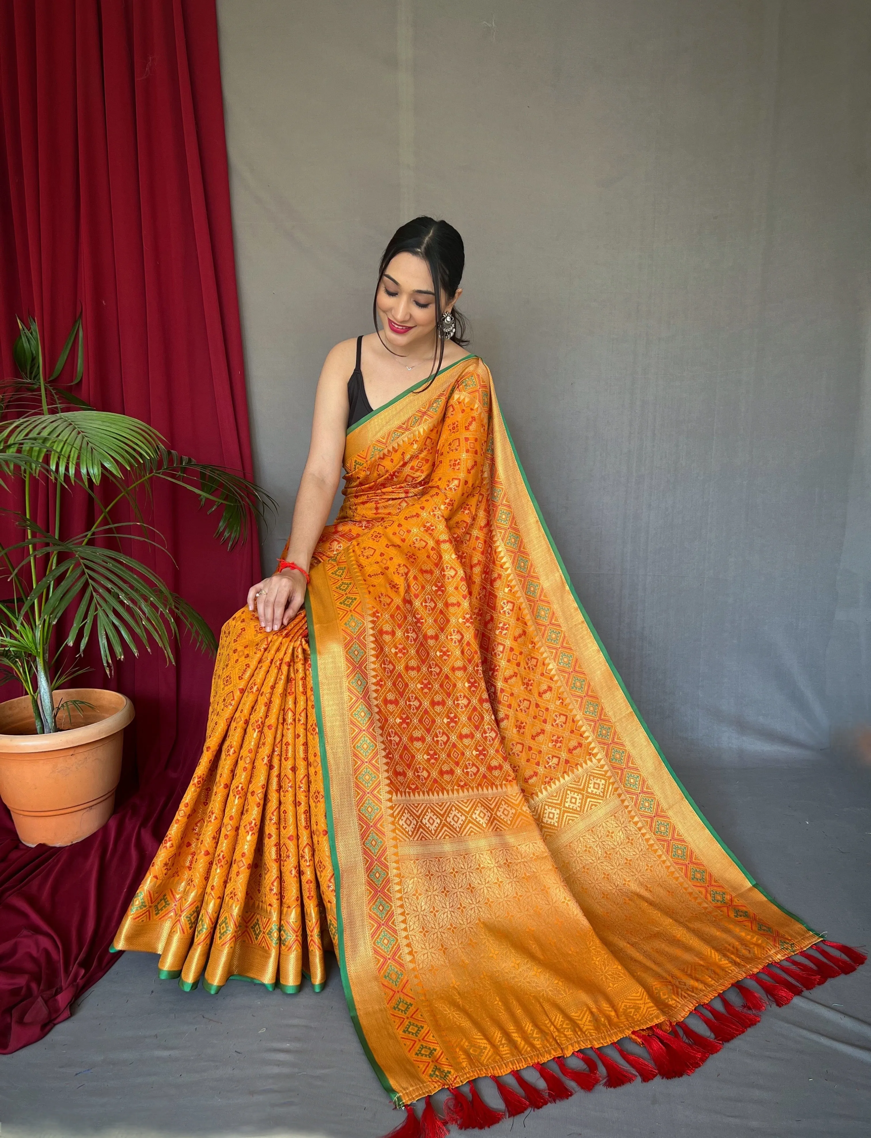 Mustard Yellow Saree in Rajkoti Patola Silk for women