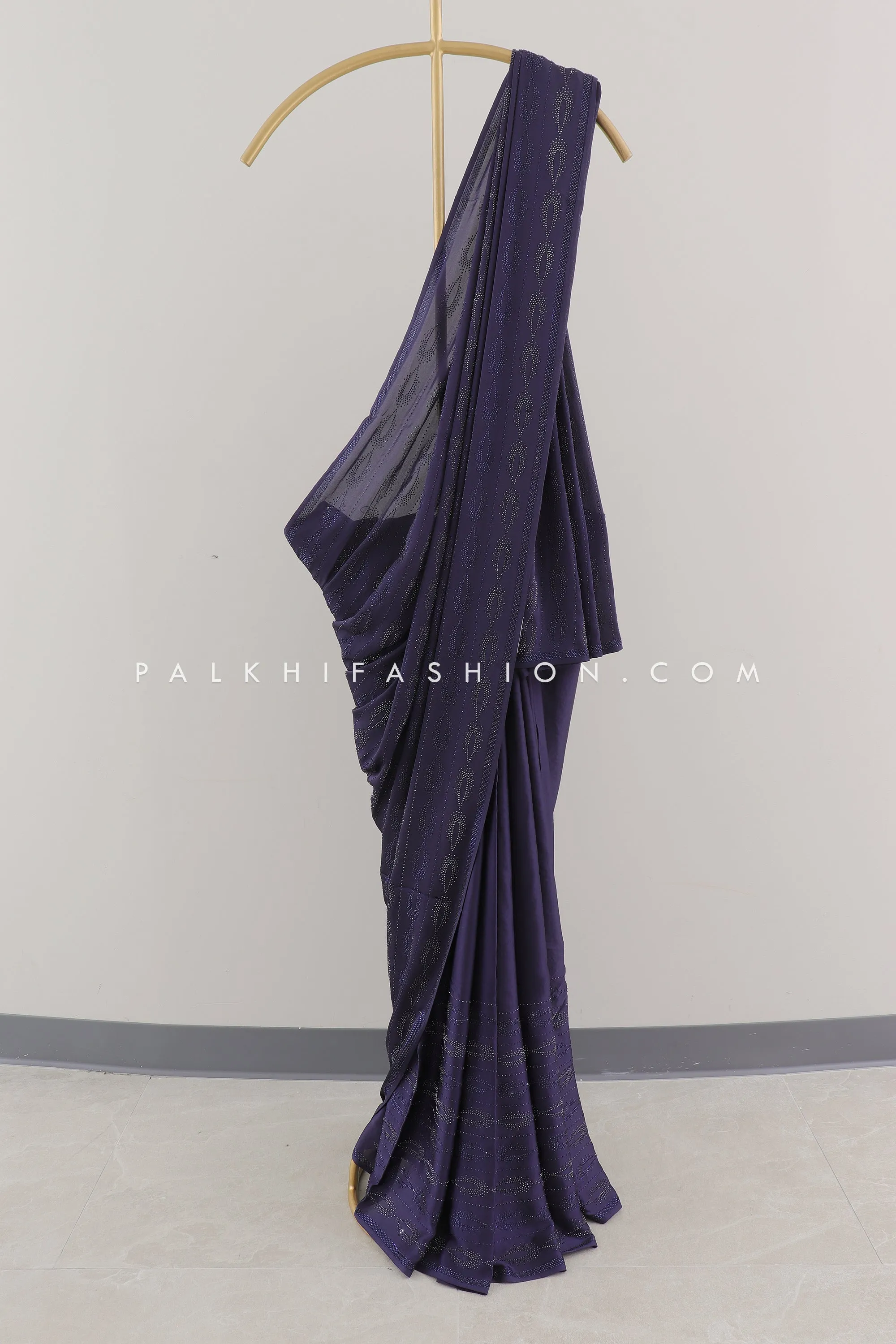 Navy Blue Crepe Saree with Swarovski Embroidery - Palkhi Fashion