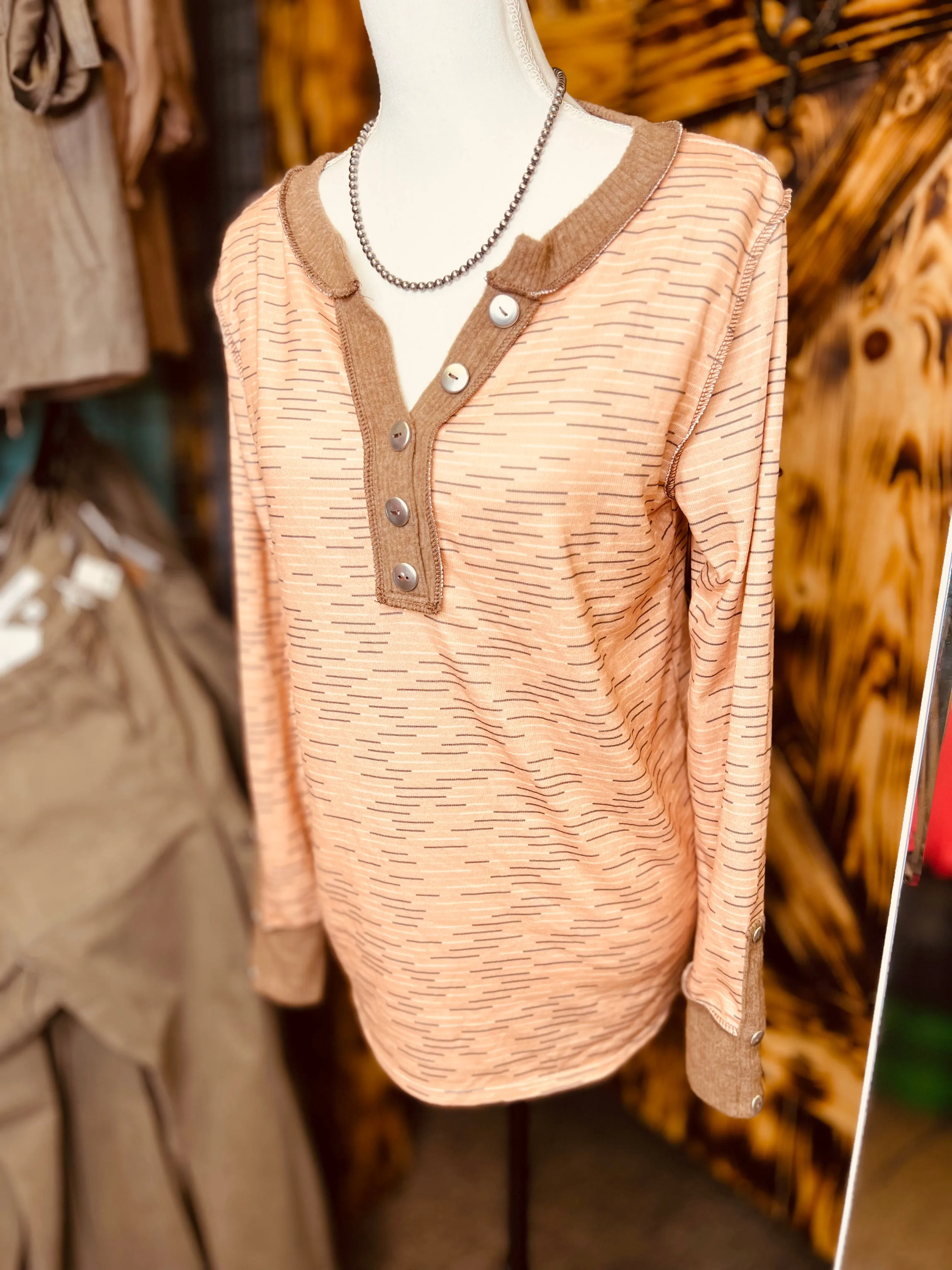 Peach/Mocha Heather Button Henley