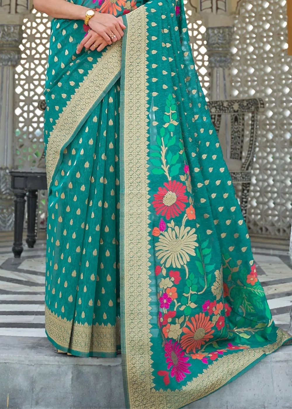 Pine Green Floral Embroidered Linen Silk Saree