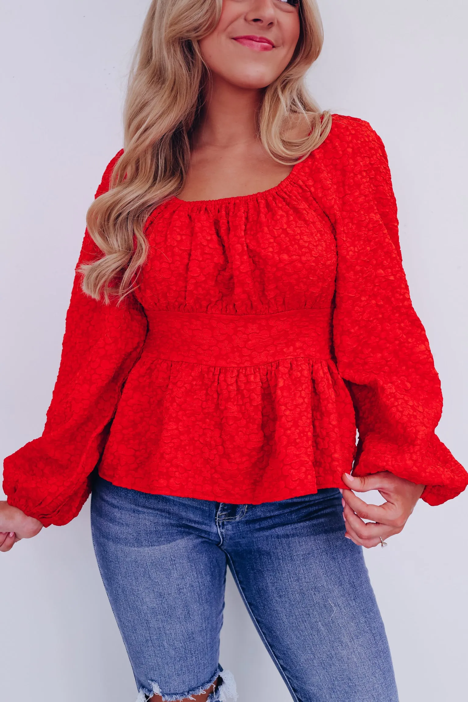 Precious Peplum Jacquard Print Top - Red