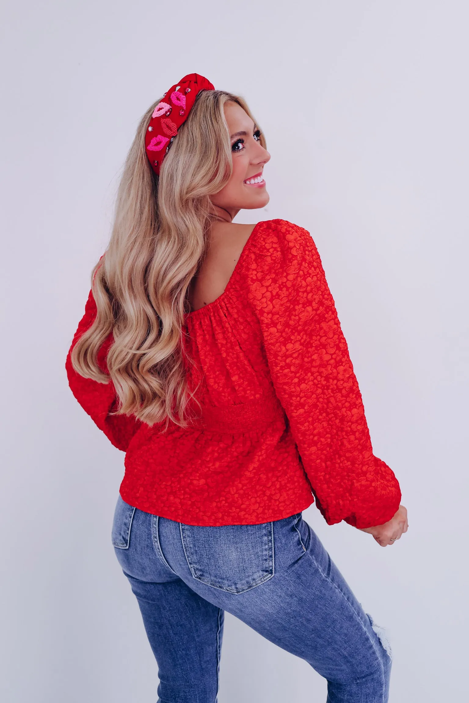 Precious Peplum Jacquard Print Top - Red