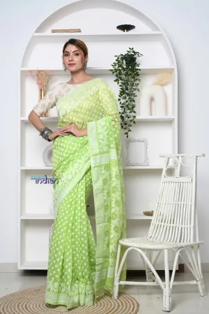 PREMIUM! Pastel Mint Green Jamdhani Cotton Saree With Beautiful Pallu*