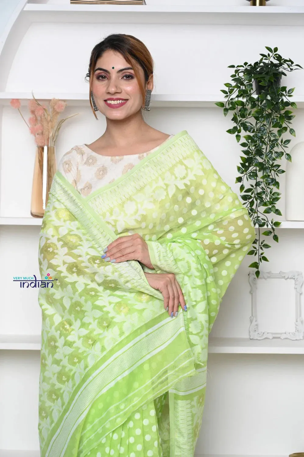 PREMIUM! Pastel Mint Green Jamdhani Cotton Saree With Beautiful Pallu*