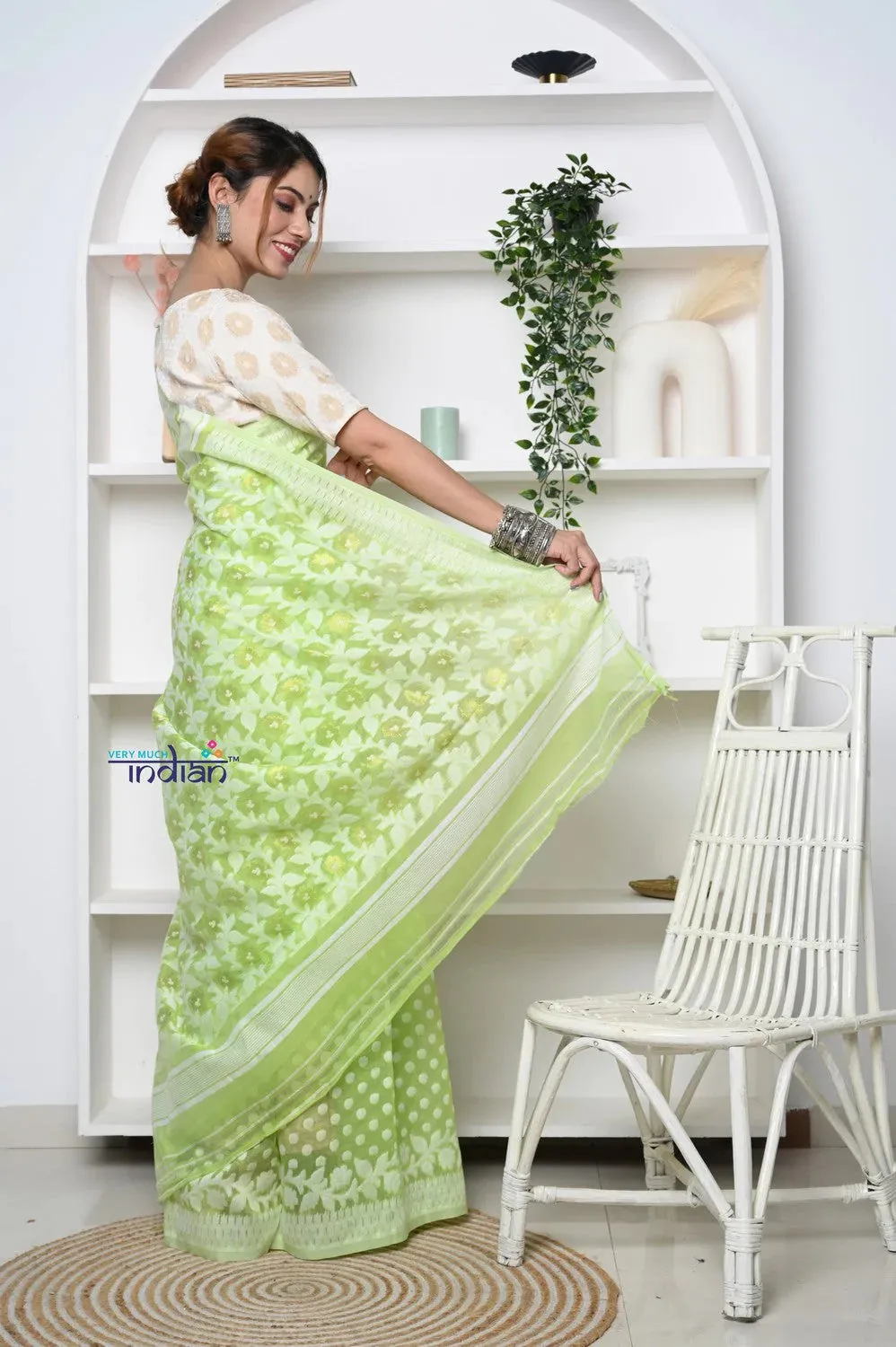 PREMIUM! Pastel Mint Green Jamdhani Cotton Saree With Beautiful Pallu*