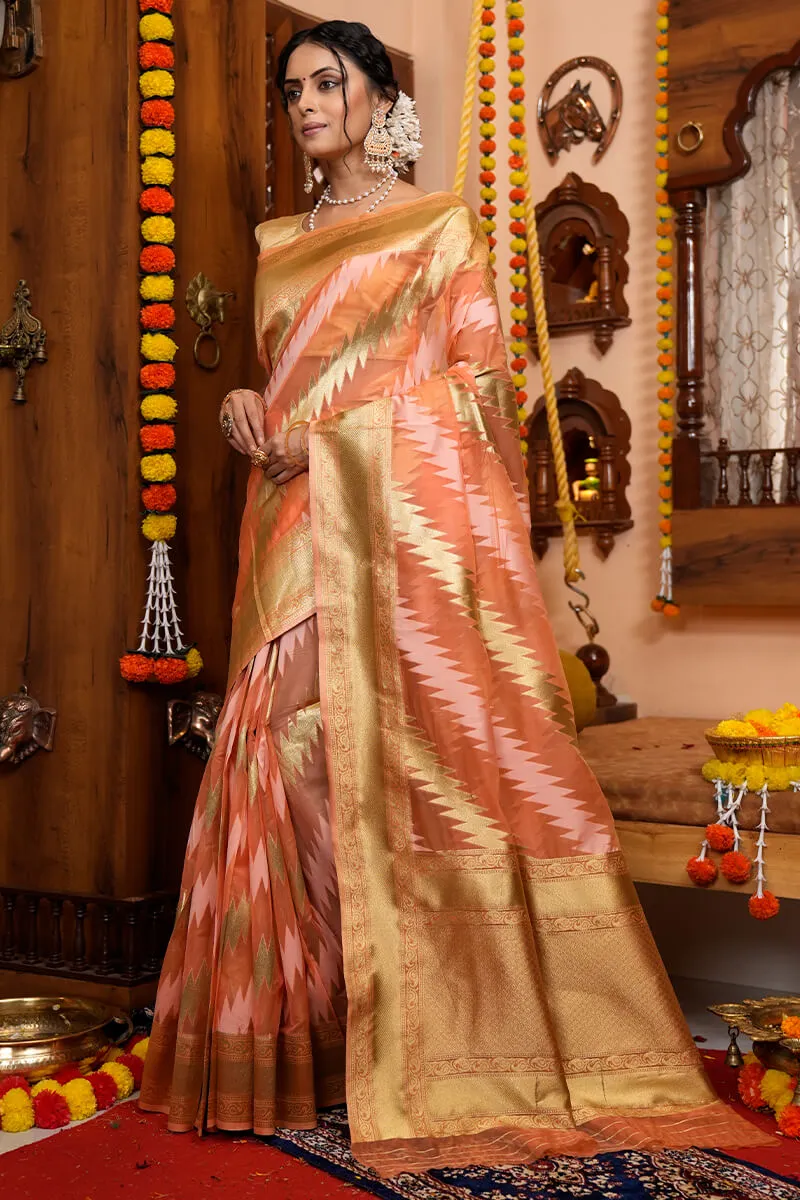 Prodigal Peach Organza Silk Saree With Denouement Blouse Piece