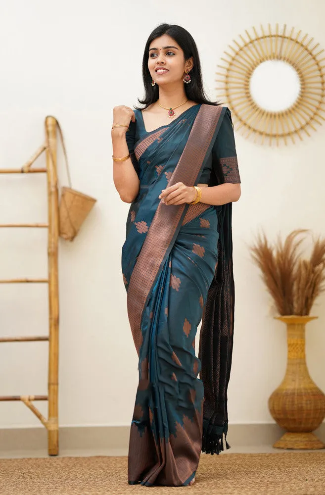 Prominent Rama Soft Silk Saree With Blissful Blouse Piece