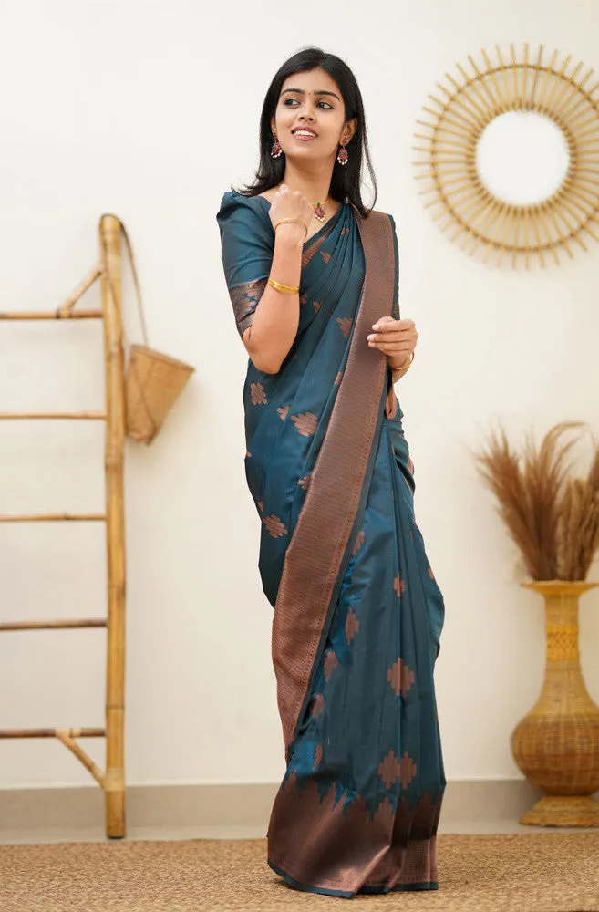 Prominent Rama Soft Silk Saree With Blissful Blouse Piece