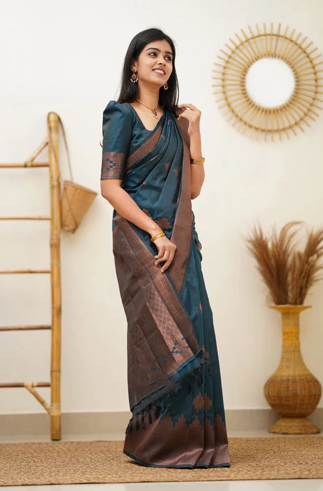 Prominent Rama Soft Silk Saree With Blissful Blouse Piece