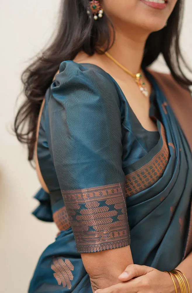 Prominent Rama Soft Silk Saree With Blissful Blouse Piece