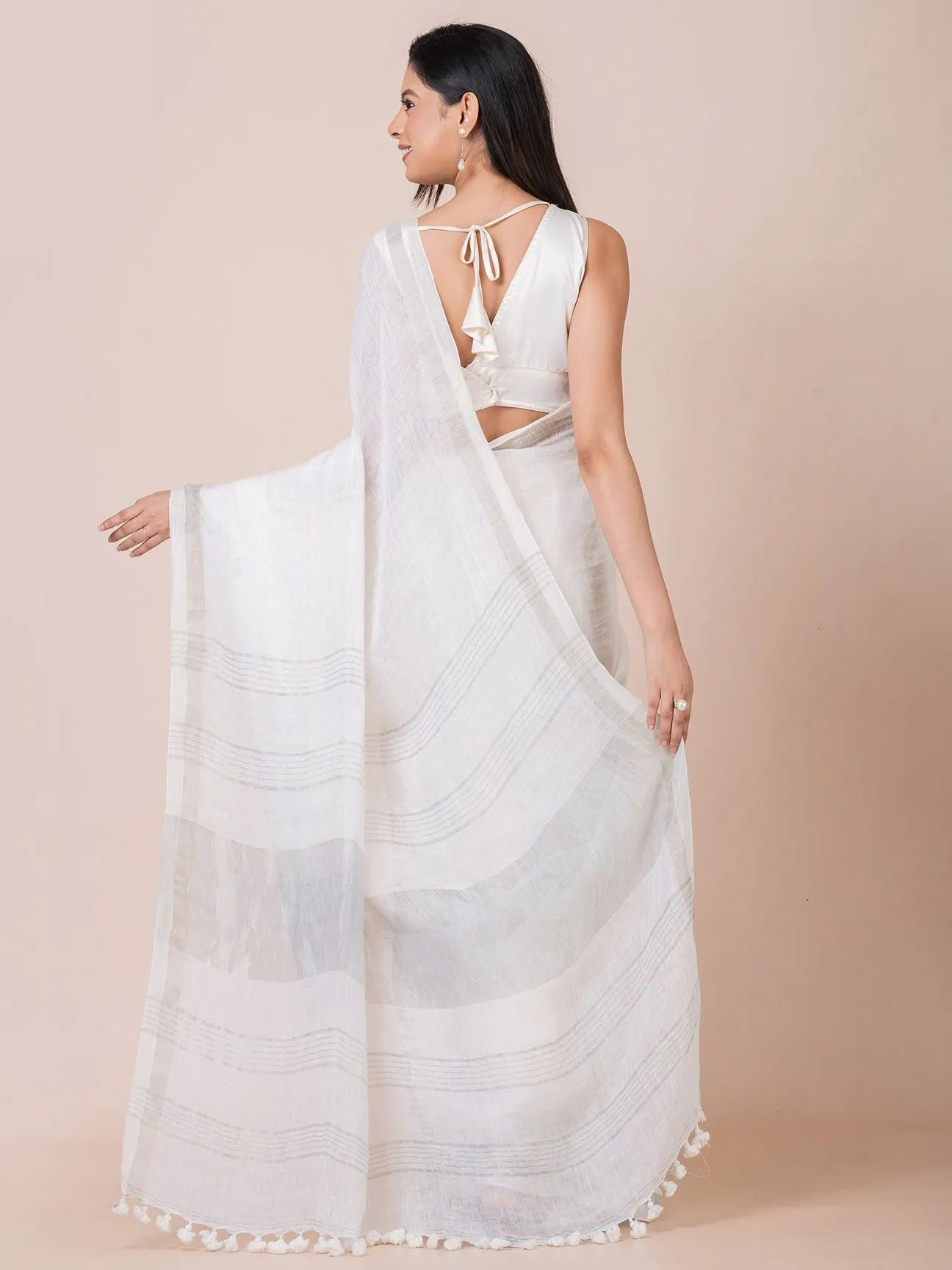 Pure Linen Solid Saree With Zari Border II White