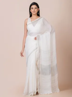 Pure Linen Solid Saree With Zari Border II White