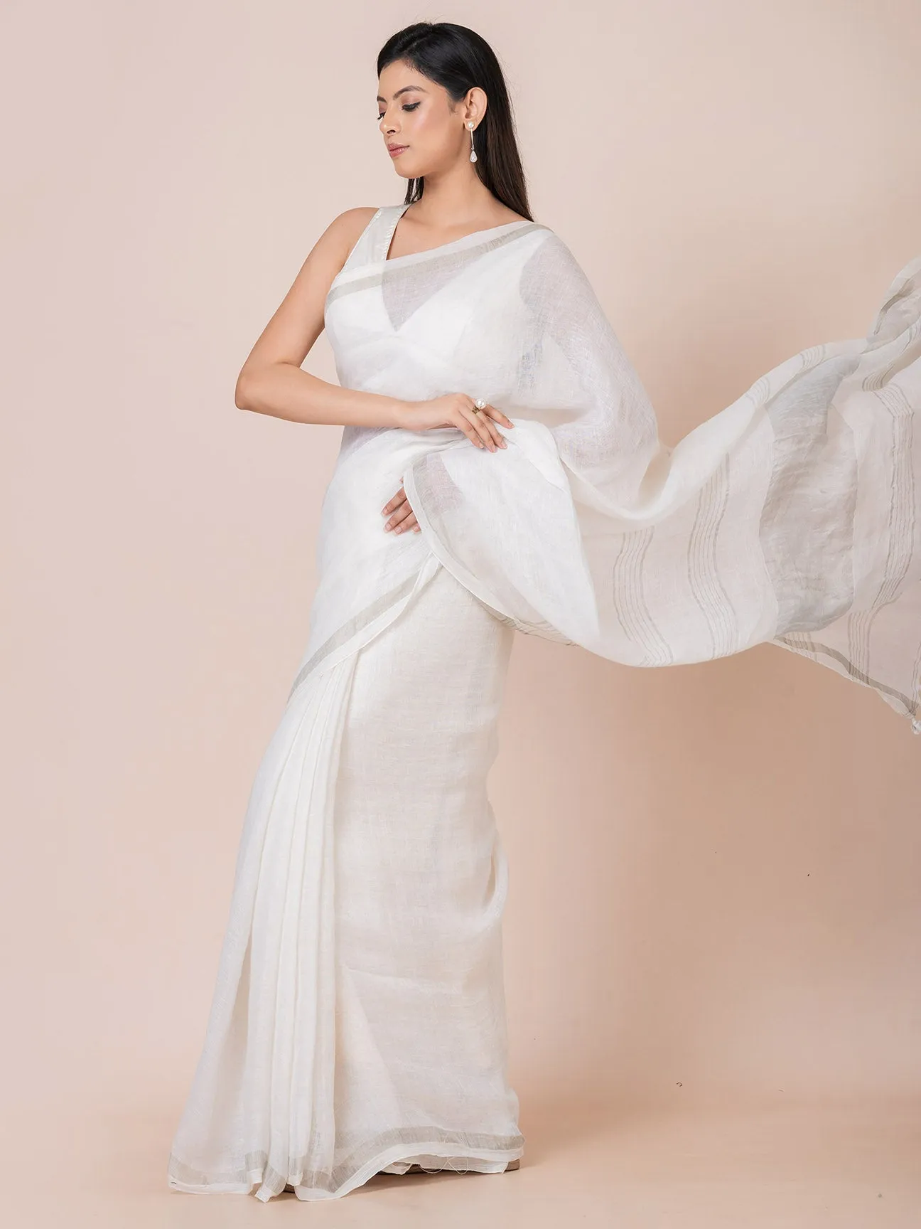 Pure Linen Solid Saree With Zari Border II White