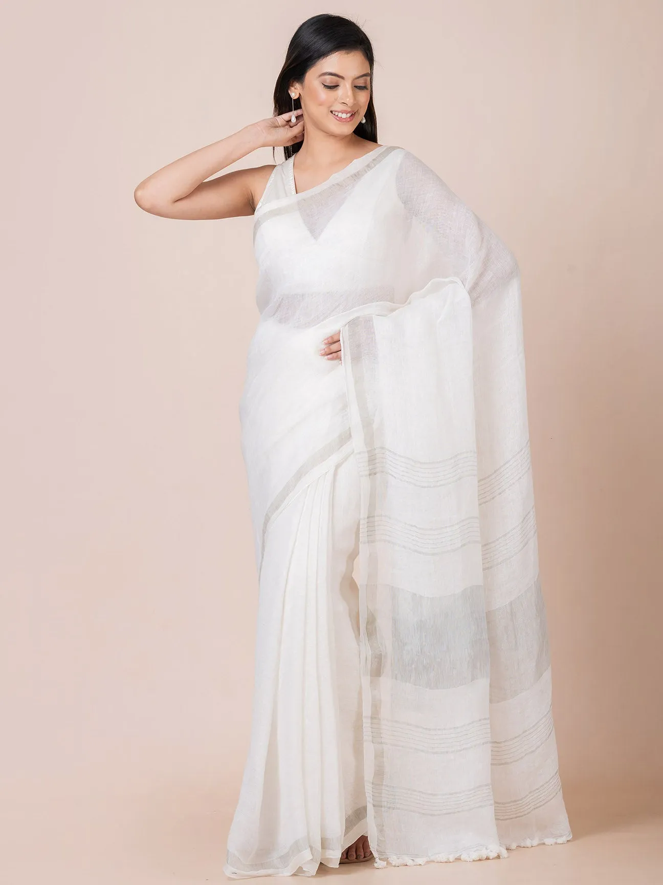 Pure Linen Solid Saree With Zari Border II White