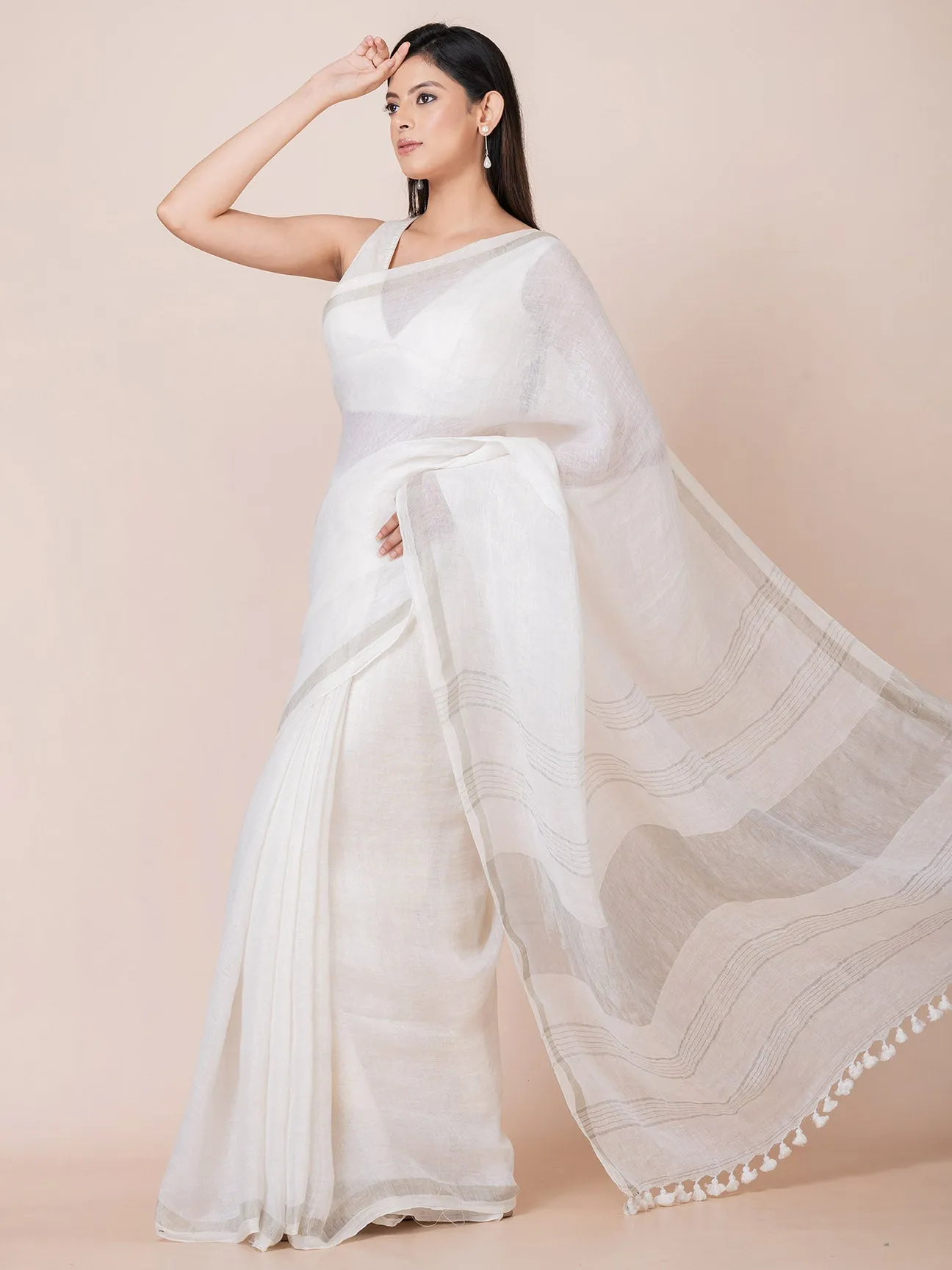 Pure Linen Solid Saree With Zari Border II White