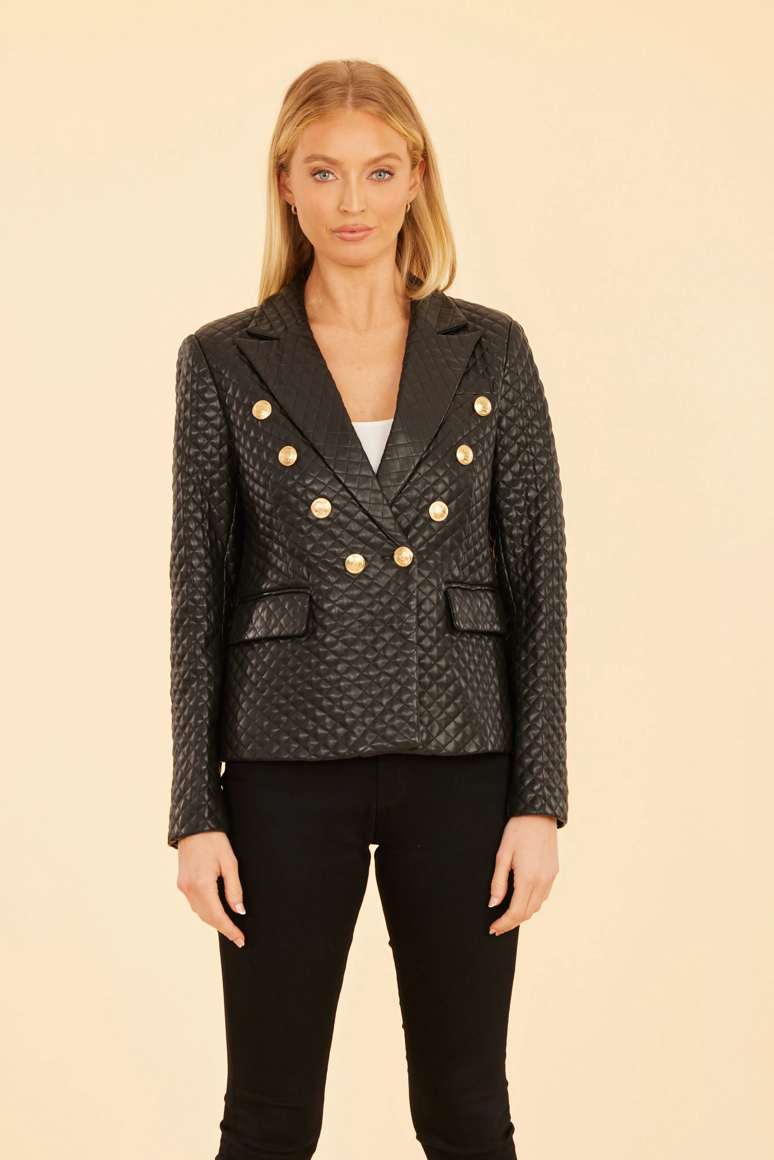 Quilted Faux Leather Double-Breasted Blazer