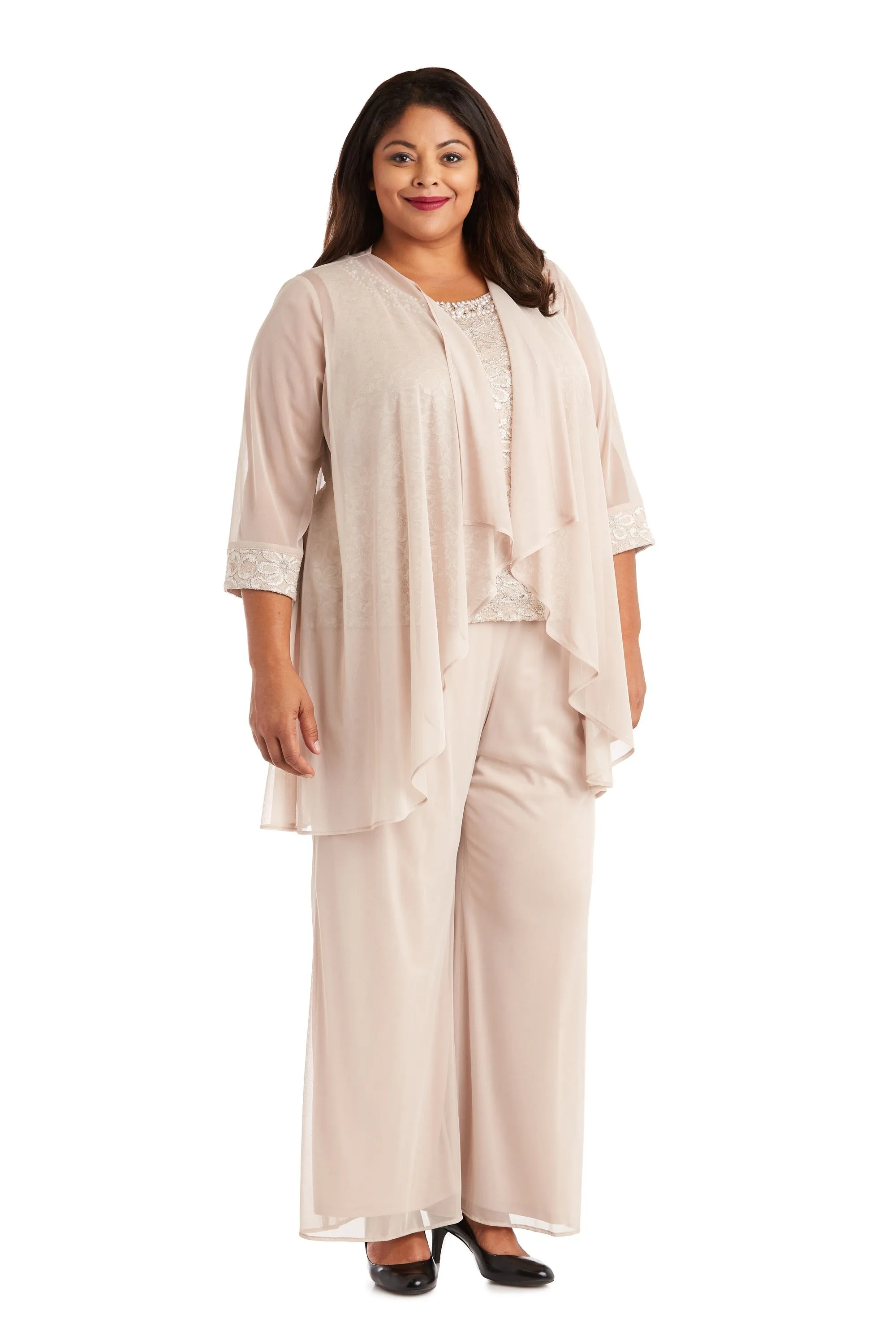 R&M Richards Women's  Plus Size Beaded Neck 3 Piece Long Pant Set