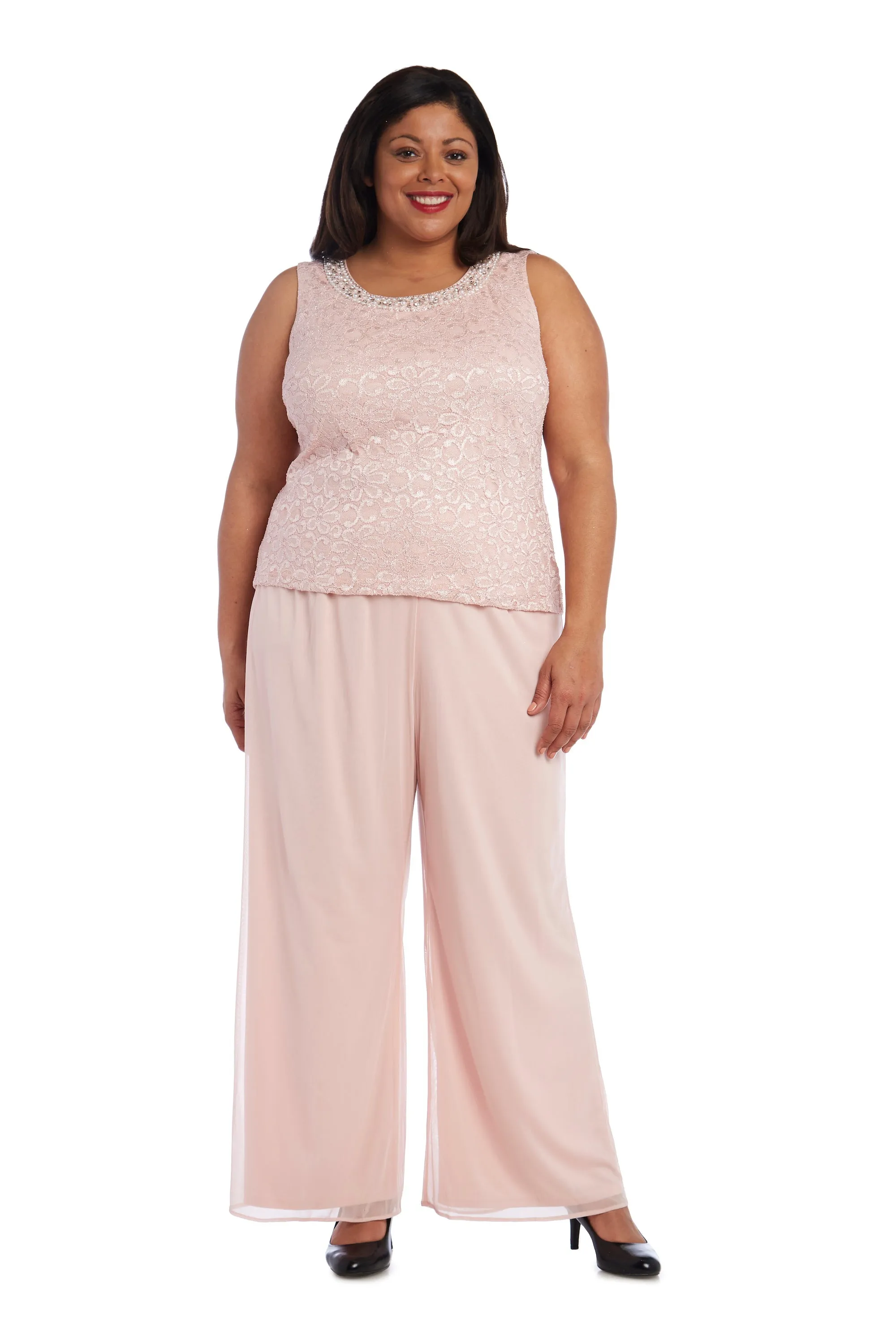 R&M Richards Women's  Plus Size Beaded Neck 3 Piece Long Pant Set