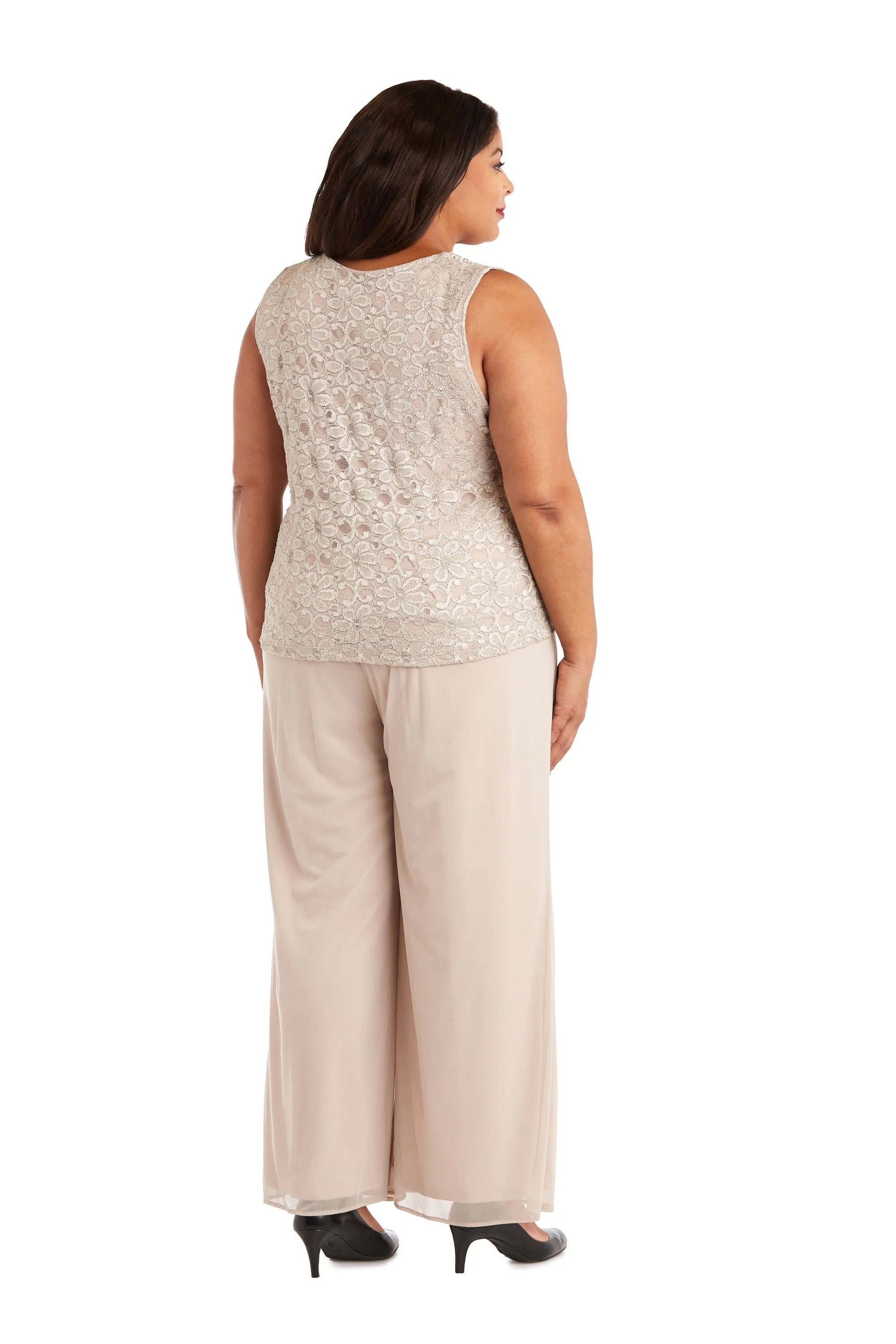 R&M Richards Women's  Plus Size Beaded Neck 3 Piece Long Pant Set