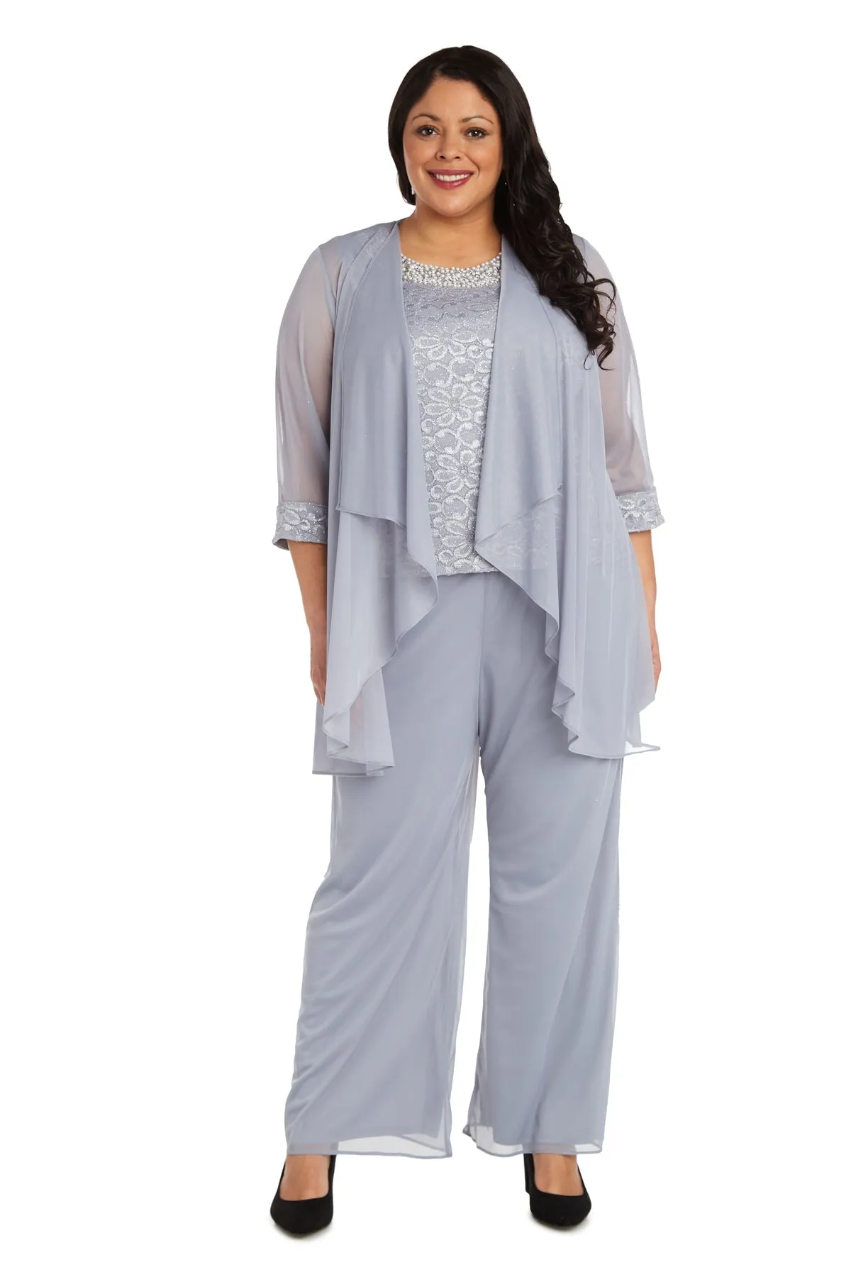 R&M Richards Women's  Plus Size Beaded Neck 3 Piece Long Pant Set