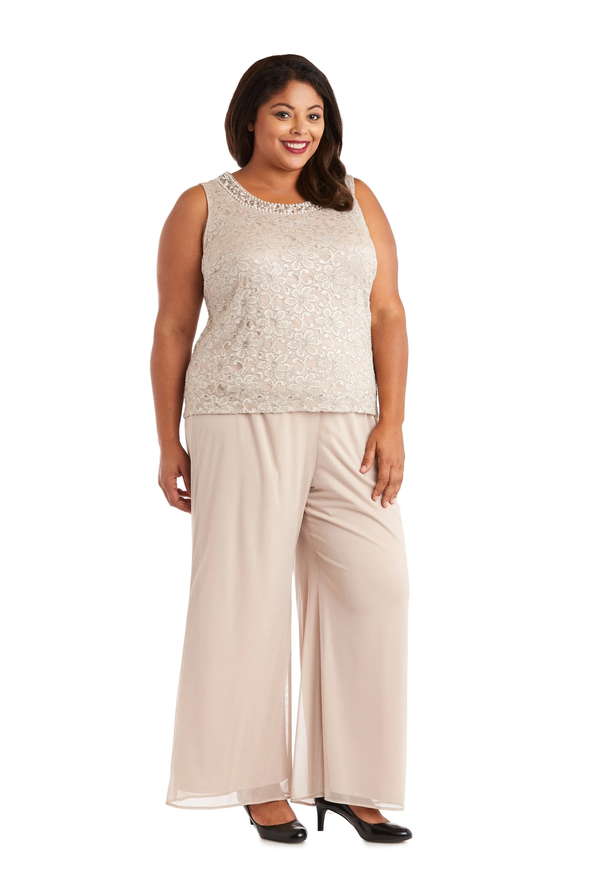 R&M Richards Women's  Plus Size Beaded Neck 3 Piece Long Pant Set