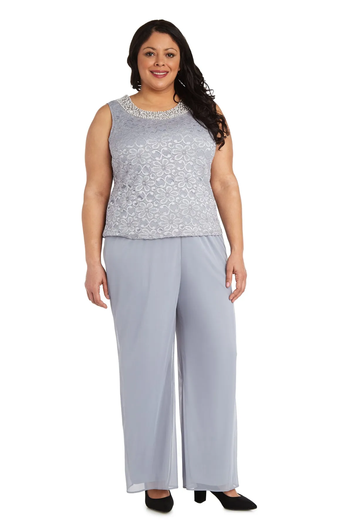 R&M Richards Women's  Plus Size Beaded Neck 3 Piece Long Pant Set