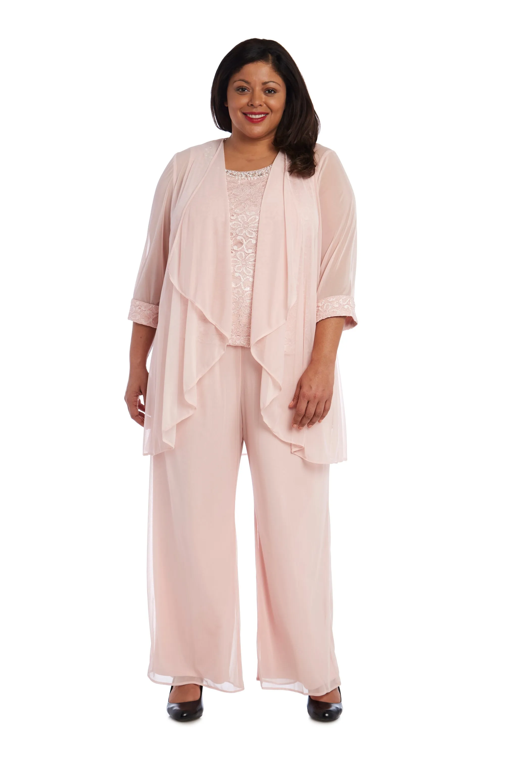 R&M Richards Women's  Plus Size Beaded Neck 3 Piece Long Pant Set