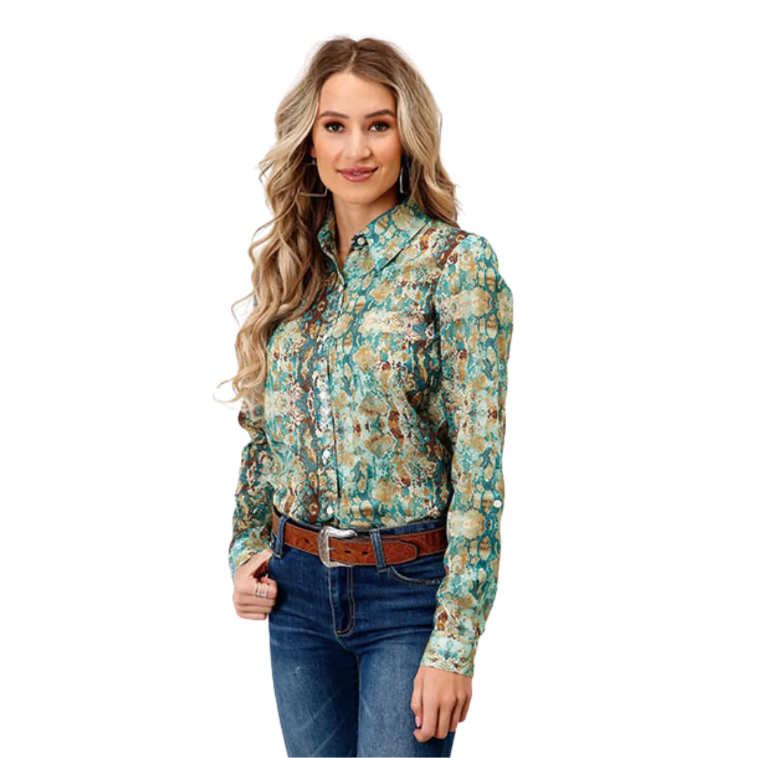 Roper Women's Poly Teal Snake Print Western Green Shirt