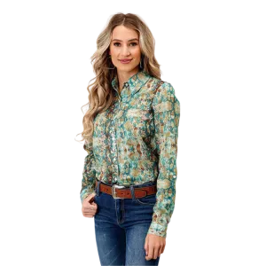 Roper Women's Poly Teal Snake Print Western Green Shirt