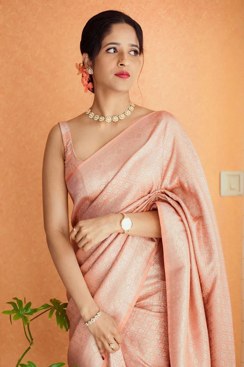 Sensational Peach Soft Kanjivaram Silk Saree With Skinny Blouse Piece