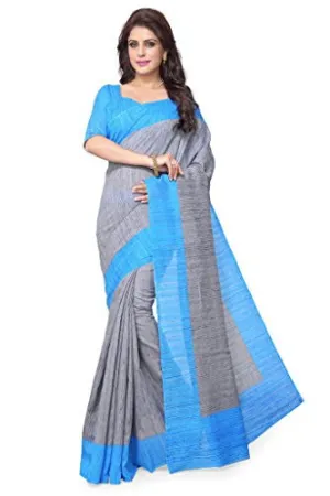 SOURBH Women's Raw Silk (NOT Pure Silk) Printed Saree (2198_Grey,Turquoise)