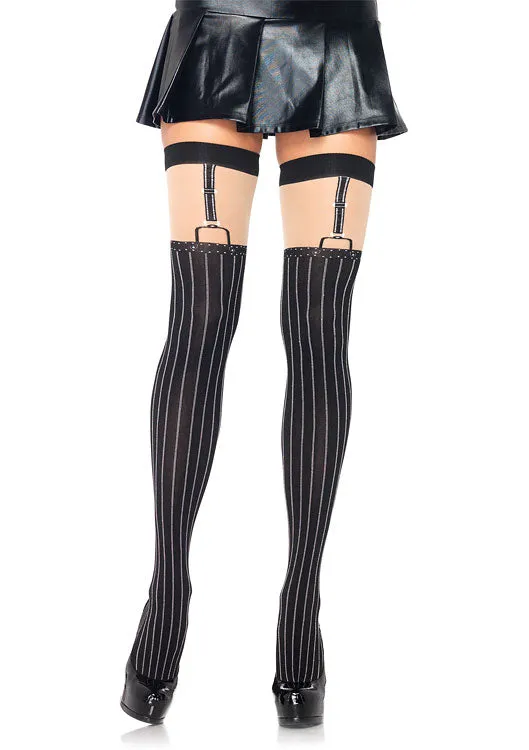 Spandex Opaque Pinstripe Suspender Thigh Highs