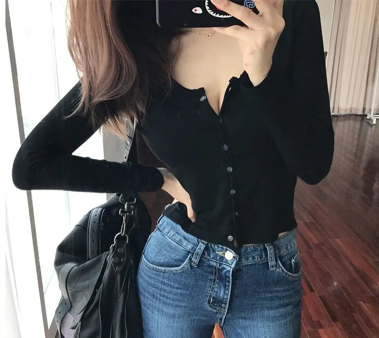 Spring Sexy Elastic Korean Style Skinny Slim Fit Long Sleeve Tops #2231