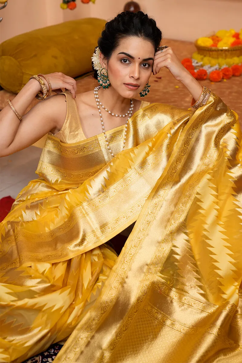 Tremendous Yellow Organza Silk Saree With Redolent Blouse Piece