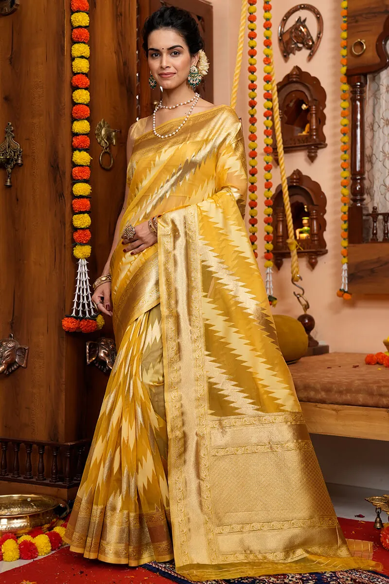 Tremendous Yellow Organza Silk Saree With Redolent Blouse Piece