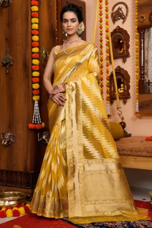 Tremendous Yellow Organza Silk Saree With Redolent Blouse Piece