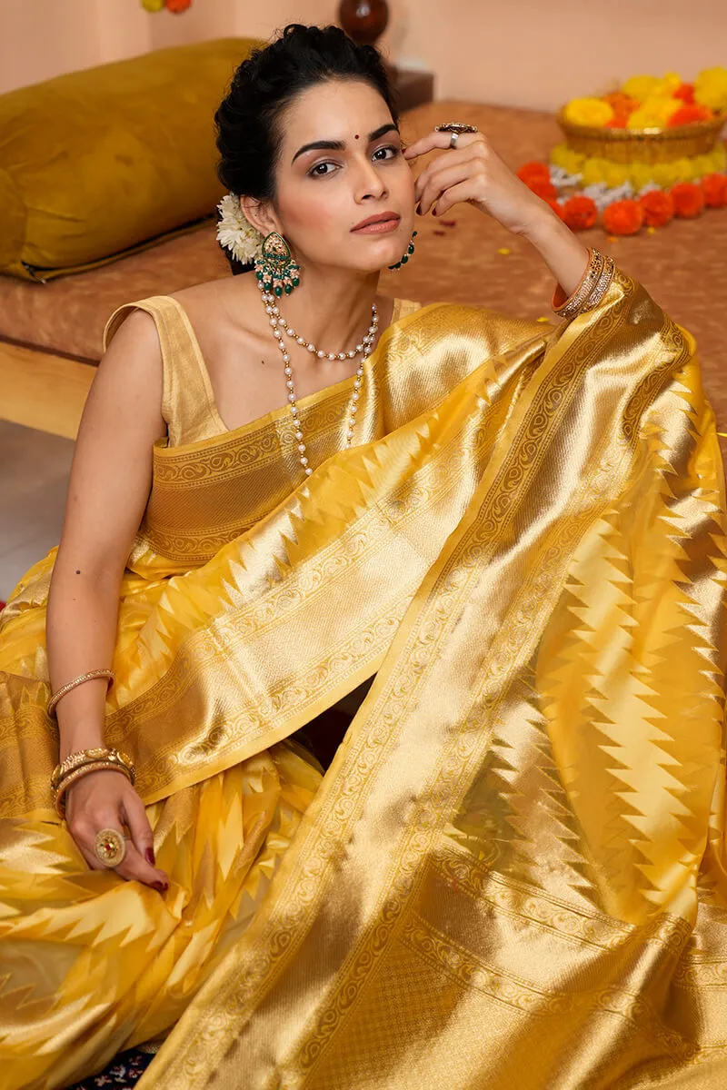 Tremendous Yellow Organza Silk Saree With Redolent Blouse Piece