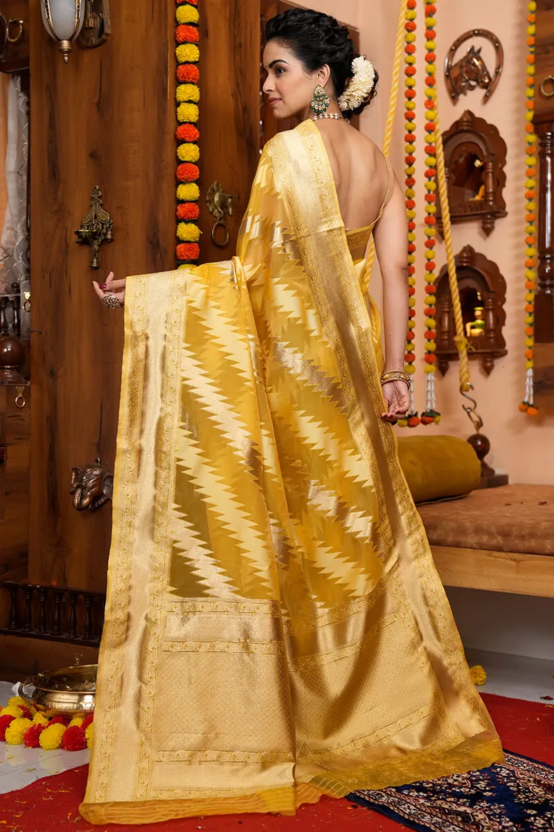 Tremendous Yellow Organza Silk Saree With Redolent Blouse Piece