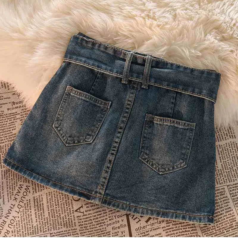 Vintage Women Denim Mini Skirts Summer Solid Belt Sexy Jeans Skirts Female Casual Ball Gown Korean Slim A Line Skirts New