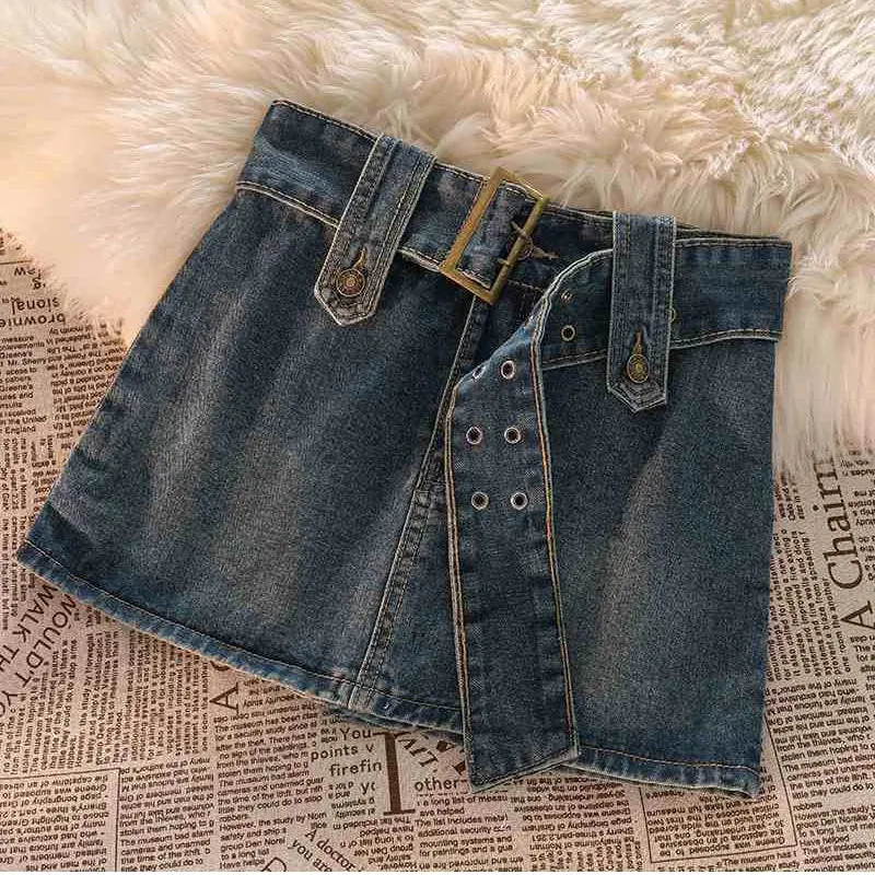 Vintage Women Denim Mini Skirts Summer Solid Belt Sexy Jeans Skirts Female Casual Ball Gown Korean Slim A Line Skirts New