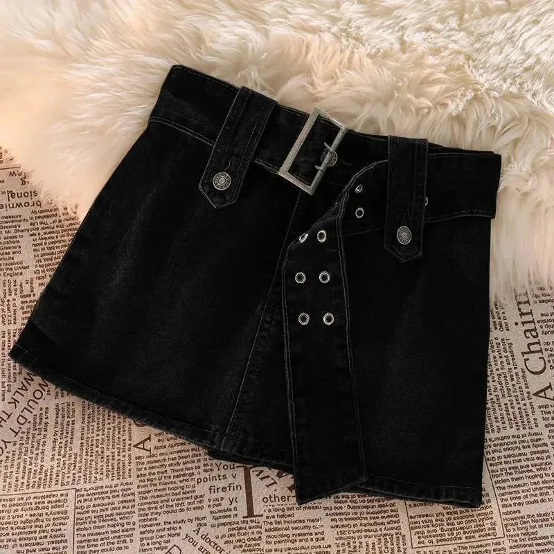 Vintage Women Denim Mini Skirts Summer Solid Belt Sexy Jeans Skirts Female Casual Ball Gown Korean Slim A Line Skirts New