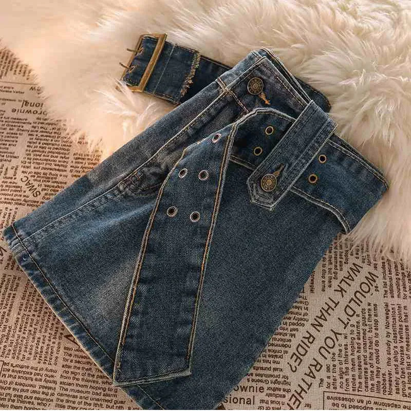 Vintage Women Denim Mini Skirts Summer Solid Belt Sexy Jeans Skirts Female Casual Ball Gown Korean Slim A Line Skirts New