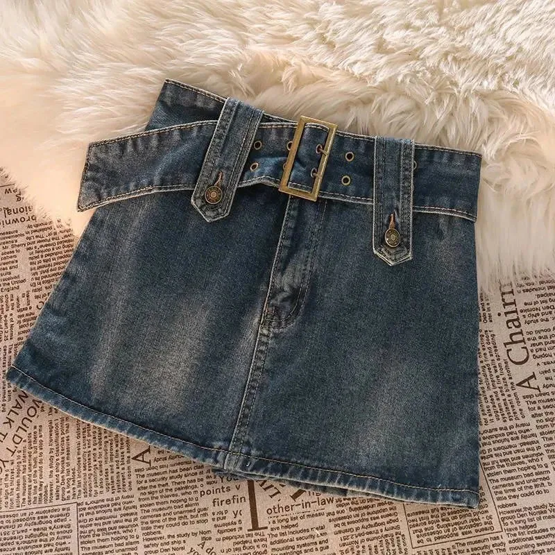 Vintage Women Denim Mini Skirts Summer Solid Belt Sexy Jeans Skirts Female Casual Ball Gown Korean Slim A Line Skirts New