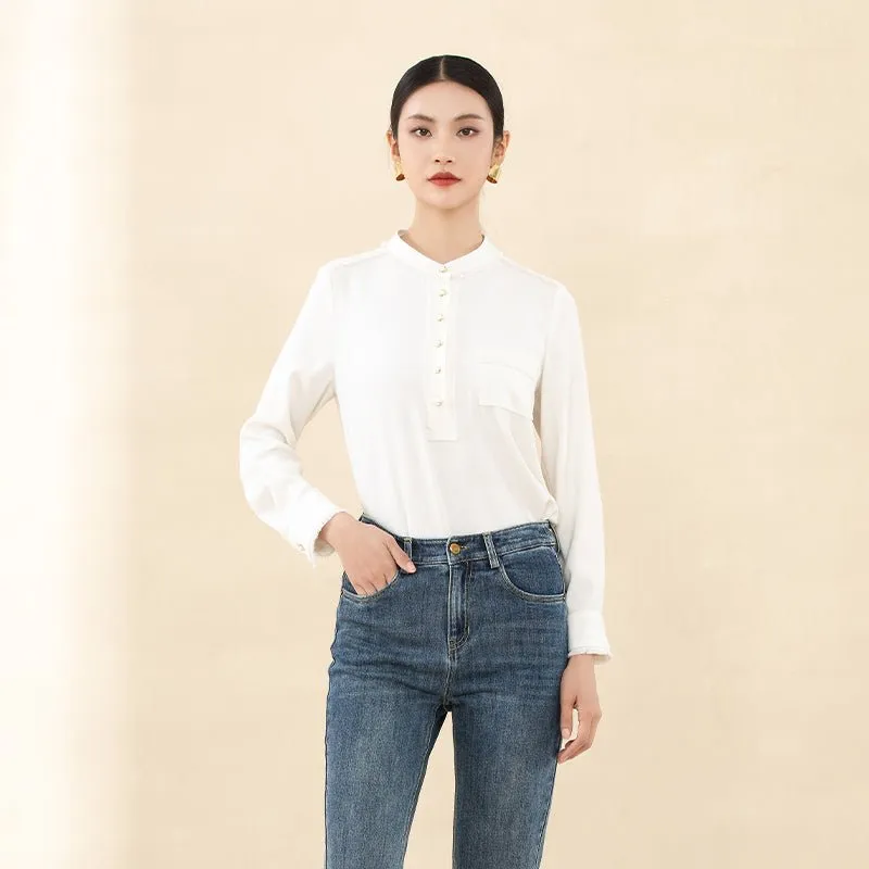 White Circle Collar Pearl Buttons Blouses